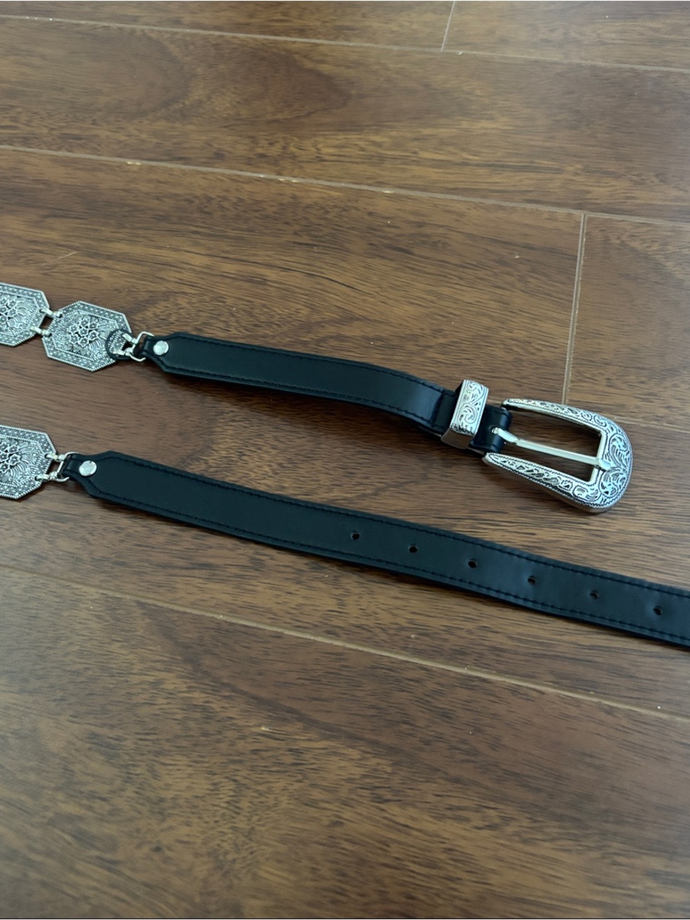 Western-Style Black Leather Belt with Ornate Silver Buckle